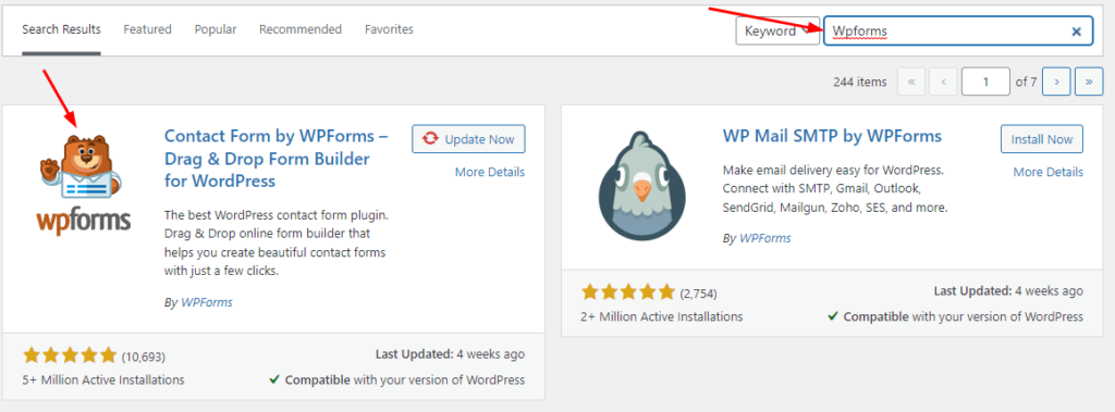 This is an search dashboard Screenshot of WordPress Wpforms plugin 