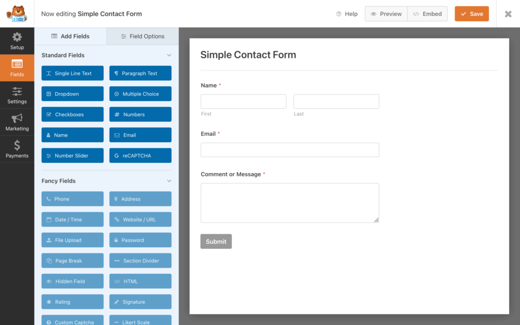 This image represent Wpforms plugin form template elements