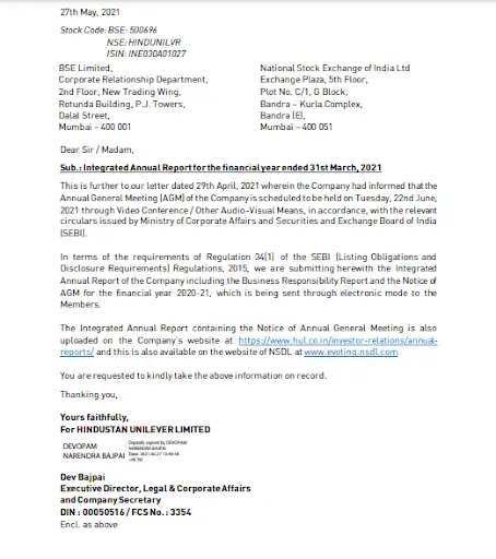 Screenshot of letter head informing of annual report