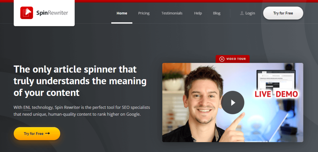 Home page screenshot of SpinRewriter. A spinbot alternative