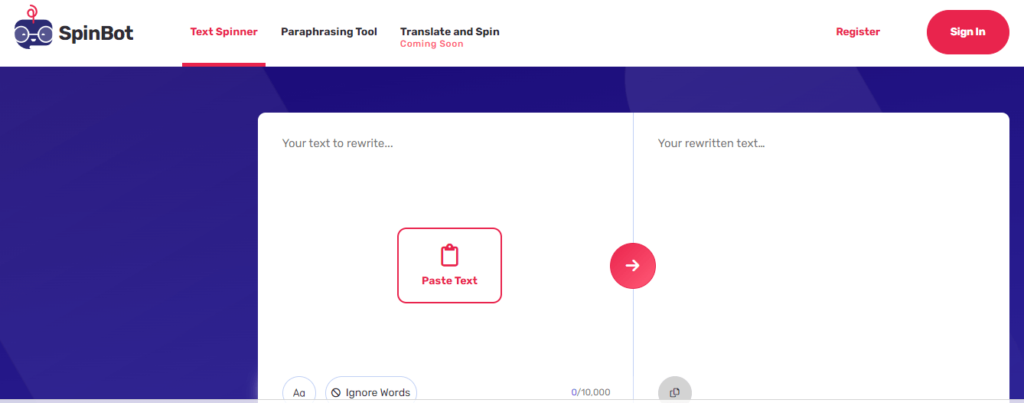 Home page screenshot of Spinbot rewriter tool