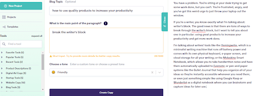 Copy ai tool dashboard for placing content requirement