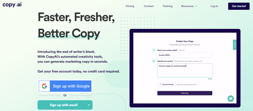 Copy.ai tool home page screenshot