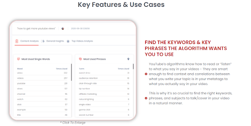 Tubeast dashboard of keywords and content ideas