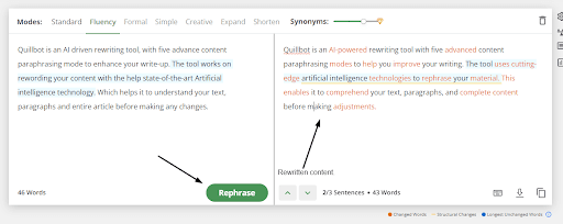 Quillbot rewriting dashboard with rewritten text