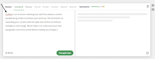 Quillbot rewriting dashboard with the standard mode selected