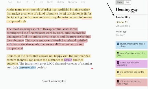 Screenshot of Spinbot readability test on Hemingway Editor