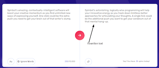 Spinbot rewriting dashboard with rewritten text